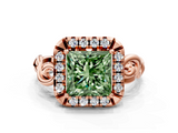 Rose gold Fancy Green Princess  Cut Halo Diamond Ring with Scrollwork Band and Four-Prong Setting