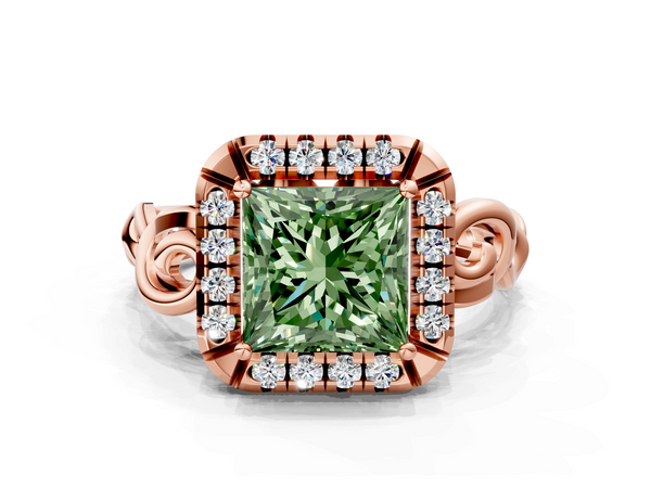 Rose gold Fancy Green Princess  Cut Halo Diamond Ring with Scrollwork Band and Four-Prong Setting