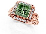 Rose gold Fancy Green Princess  Cut Halo Diamond Ring with Scrollwork Band and Four-Prong Setting_1