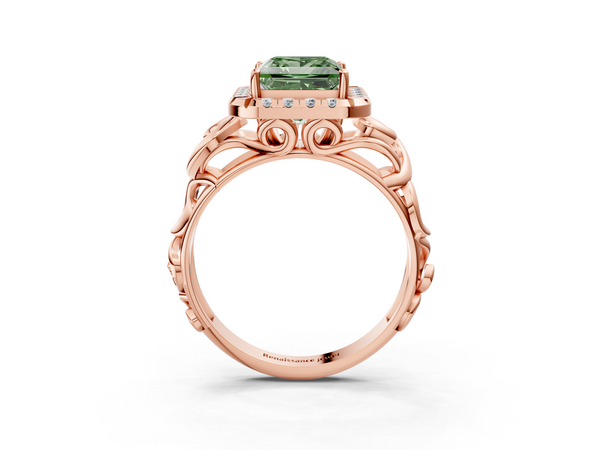 Rose gold Fancy Green Princess  Cut Halo Diamond Ring with Scrollwork Band and Four-Prong Setting