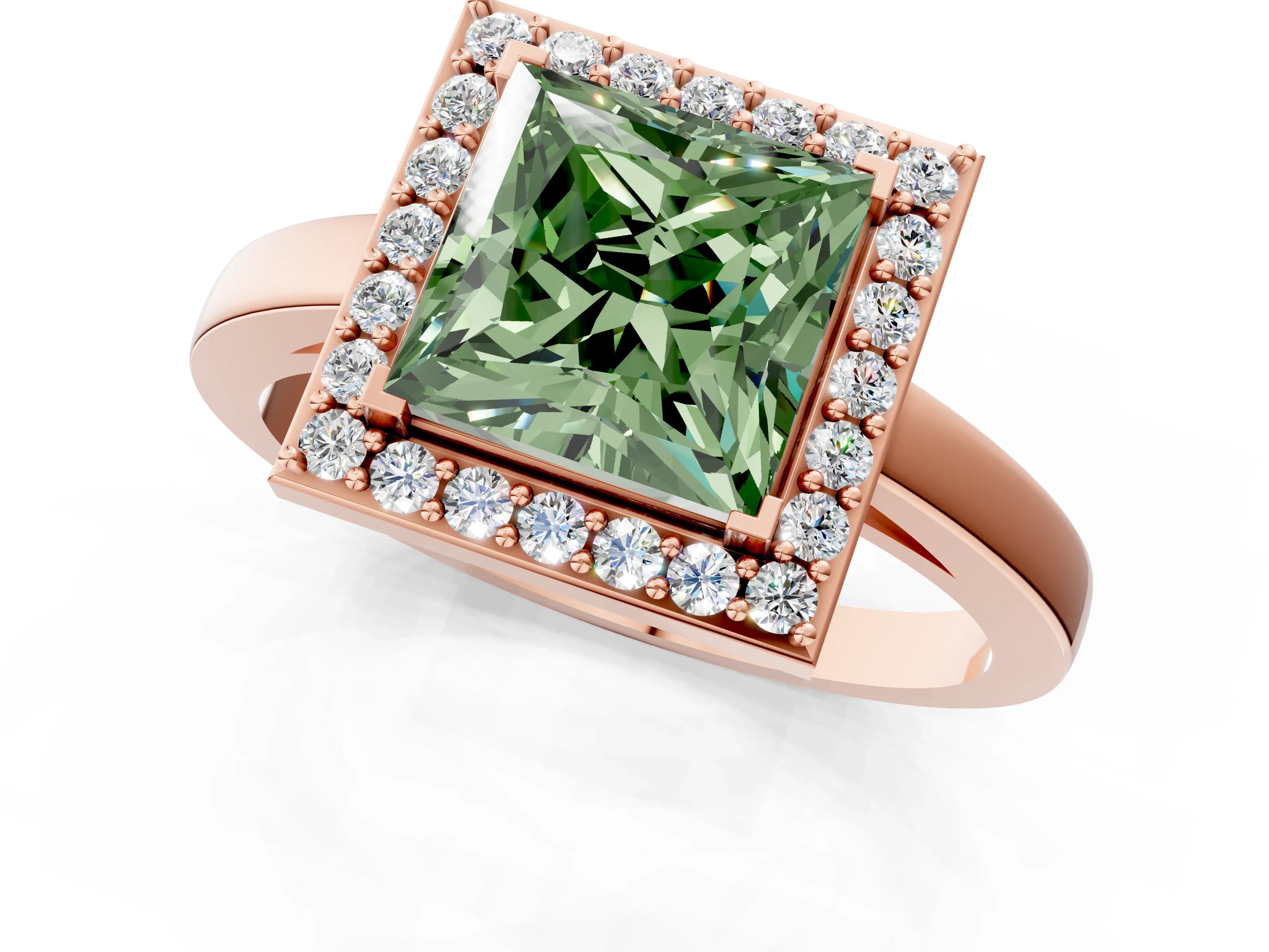 Rose gold Fancy Green Princess Cut Halo Diamond Ring with Solitaire Band and Prong Setting_1