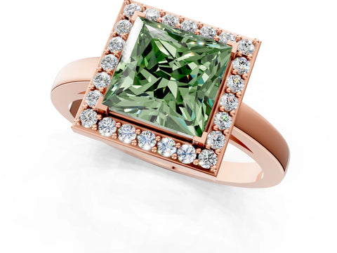 Rose gold Fancy Green Princess Cut Halo Diamond Ring with Solitaire Band and Prong Setting_1