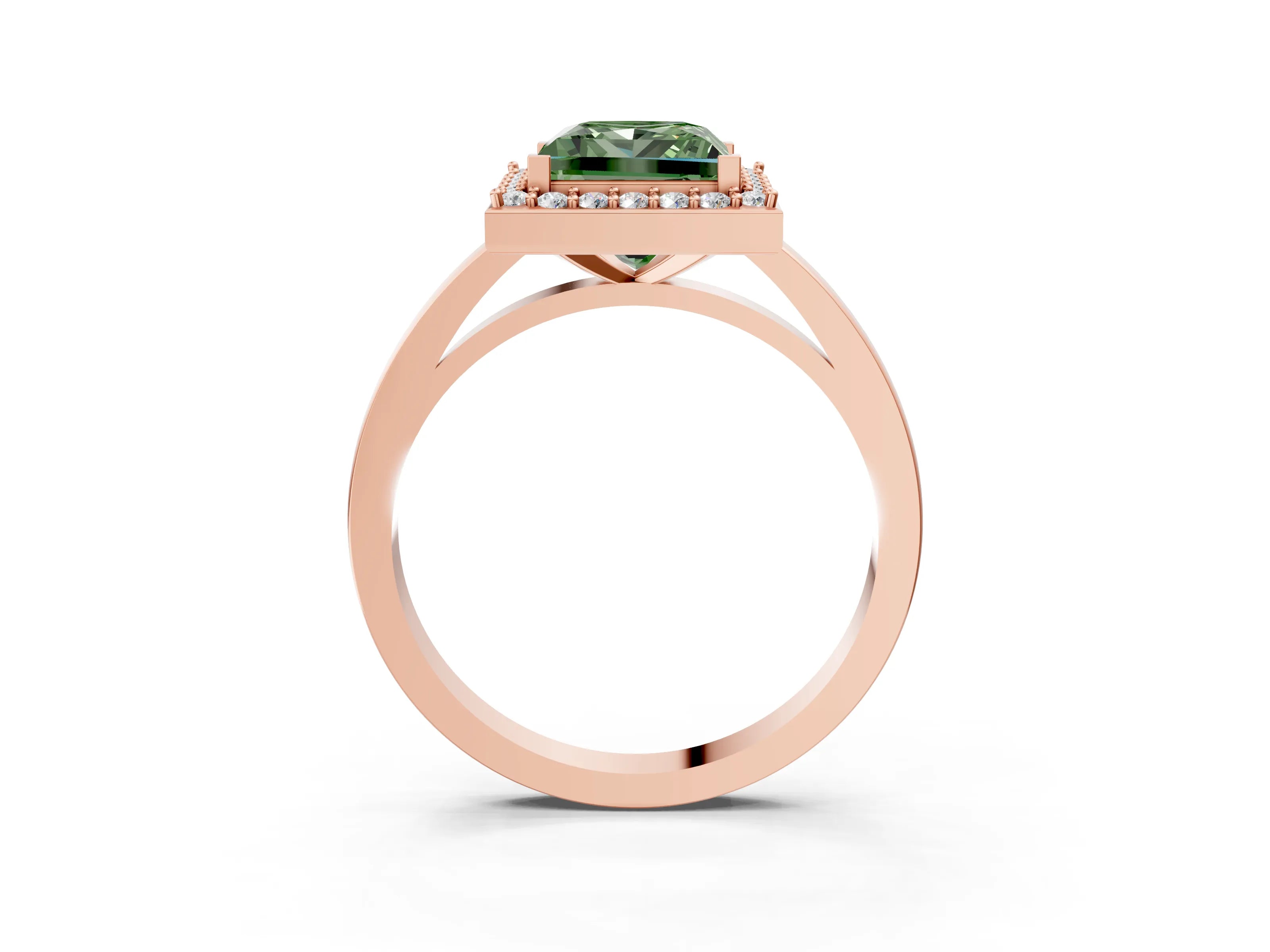 Rose gold Fancy Green Princess Cut Halo Diamond Ring with Solitaire Band and Prong Setting_3