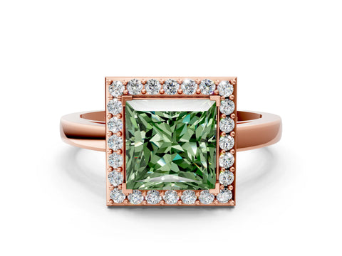 Rose gold Fancy Green Princess Cut Halo Diamond Ring with Solitaire Band and Prong Setting