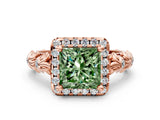 Rose gold Fancy Green Princess Cut Halo Diamond Solitaire with Filigree Band and Four-Prong Setting_12