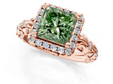 Rose gold Fancy Green Princess Cut Halo Diamond Solitaire with Filigree Band and Four-Prong Setting_13