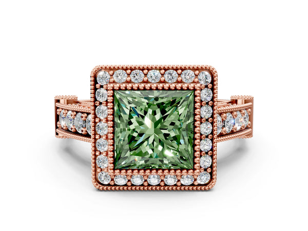 Rose Gold Princess Cut Vintage Bezel Halo Engagement Ring Setting for Fancy Green Center