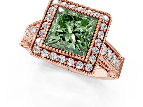 Rose Gold Princess Cut Vintage Bezel Halo Engagement Ring Setting for Fancy Green Center