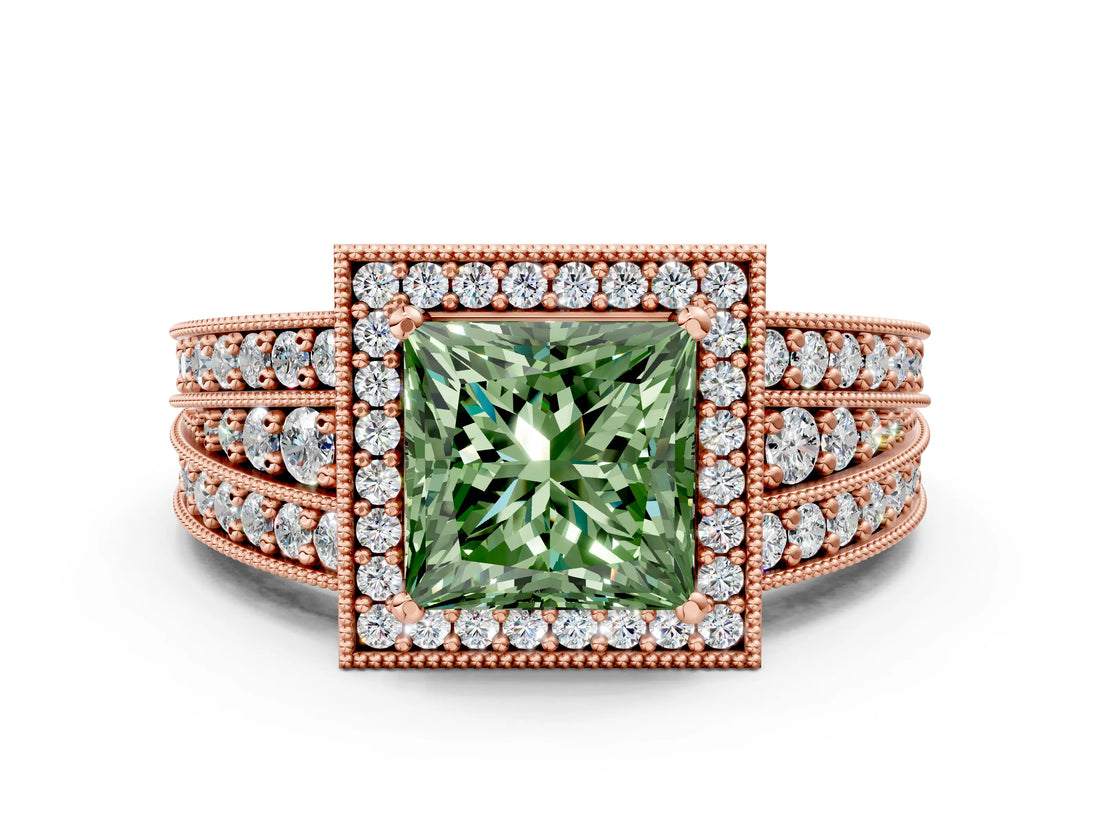 Rose gold Fancy Green Princess Cut Halo Diamond Split Shank Ring with Prong Setting_24