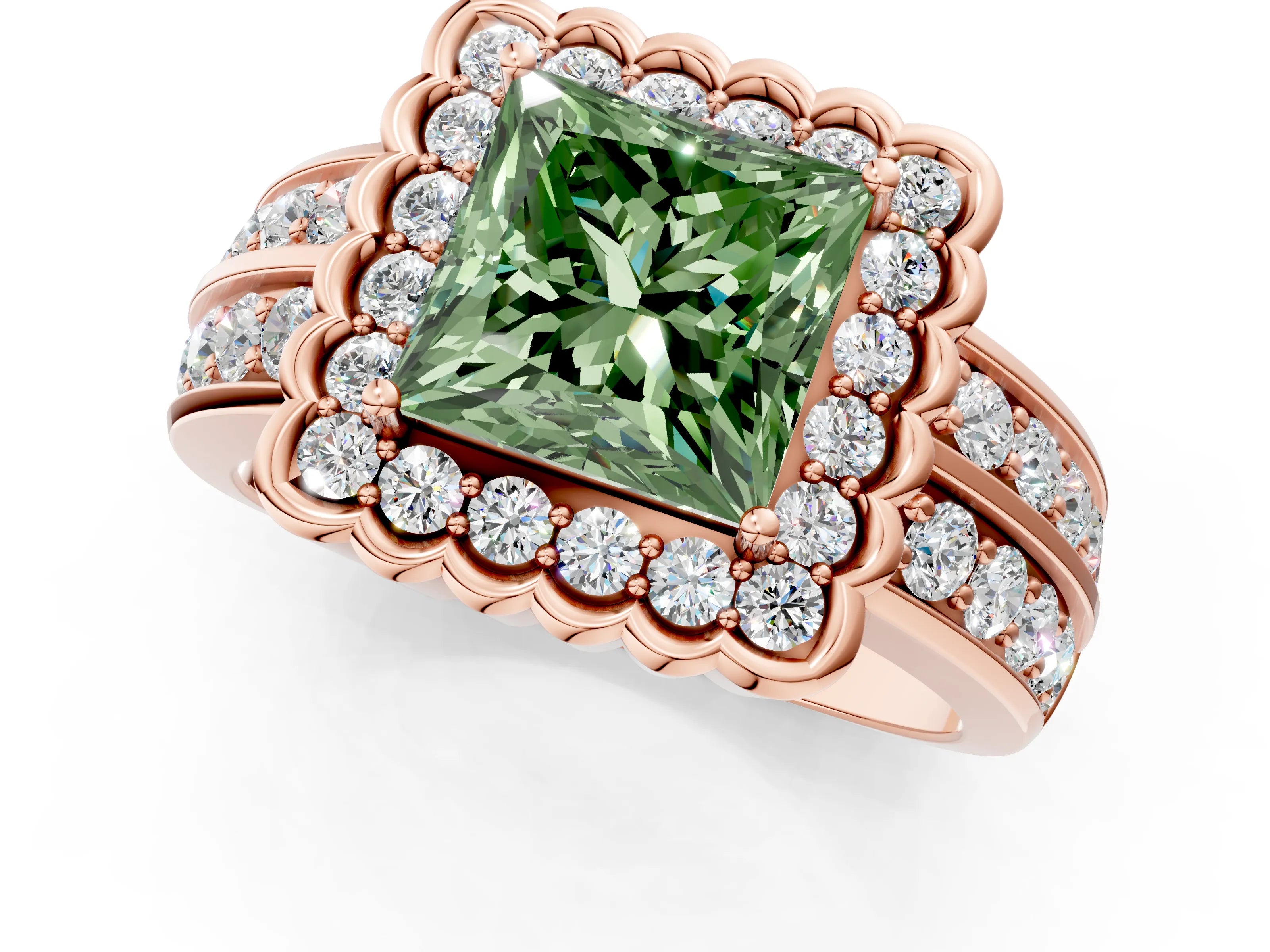 Rose gold Fancy Green Princess Cut Halo Diamond Split Shank Ring with Scalloped Prong Setting_1