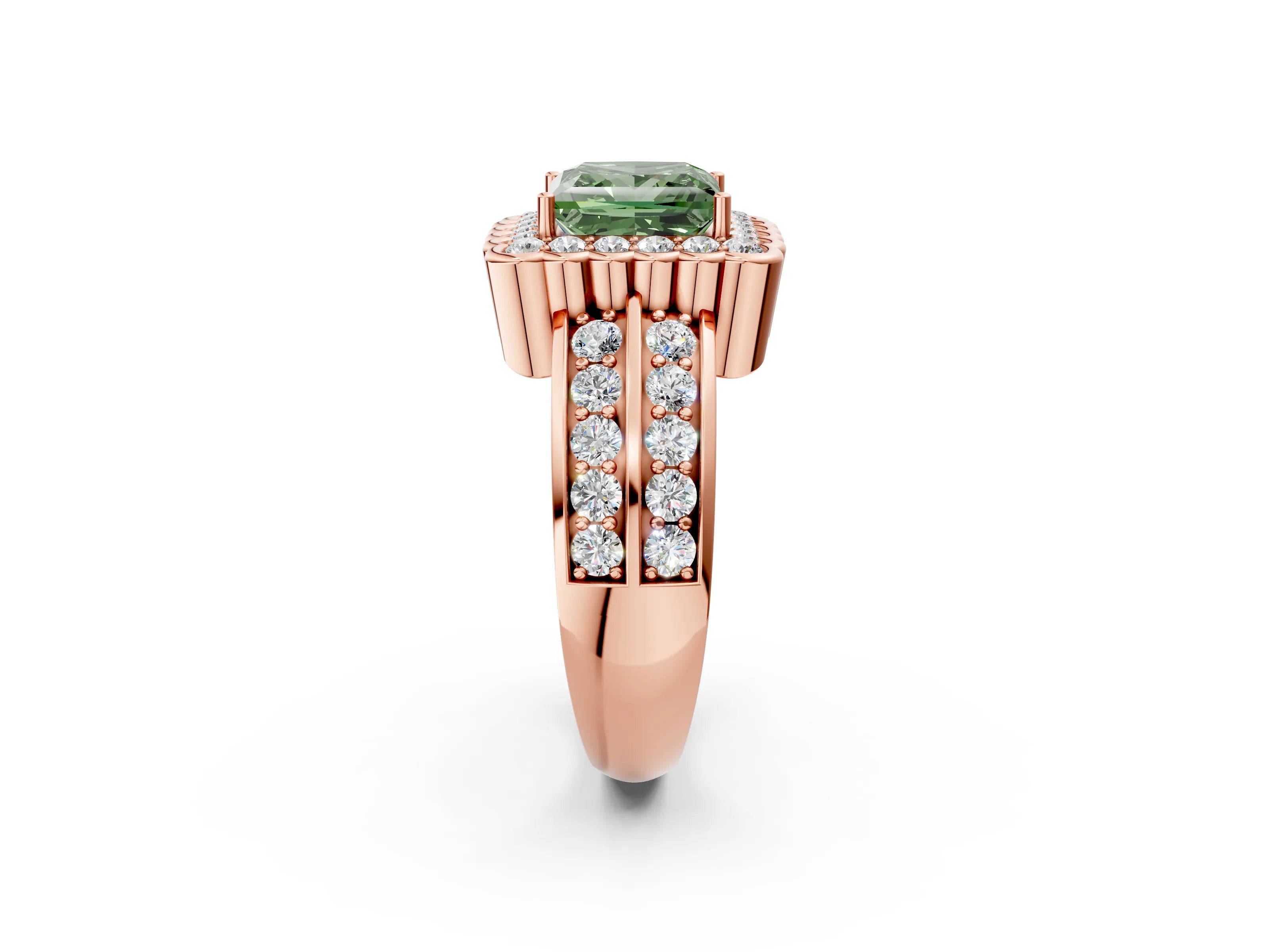 Rose gold Fancy Green Princess Cut Halo Diamond Split Shank Ring with Scalloped Prong Setting_2