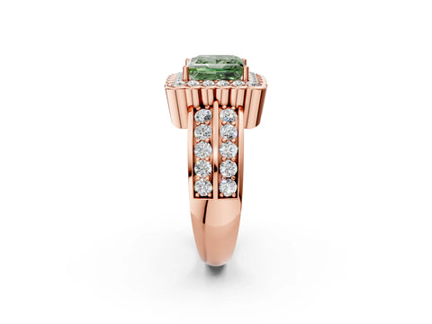 Rose gold Fancy Green Princess Cut Halo Diamond Split Shank Ring with Scalloped Prong Setting_2