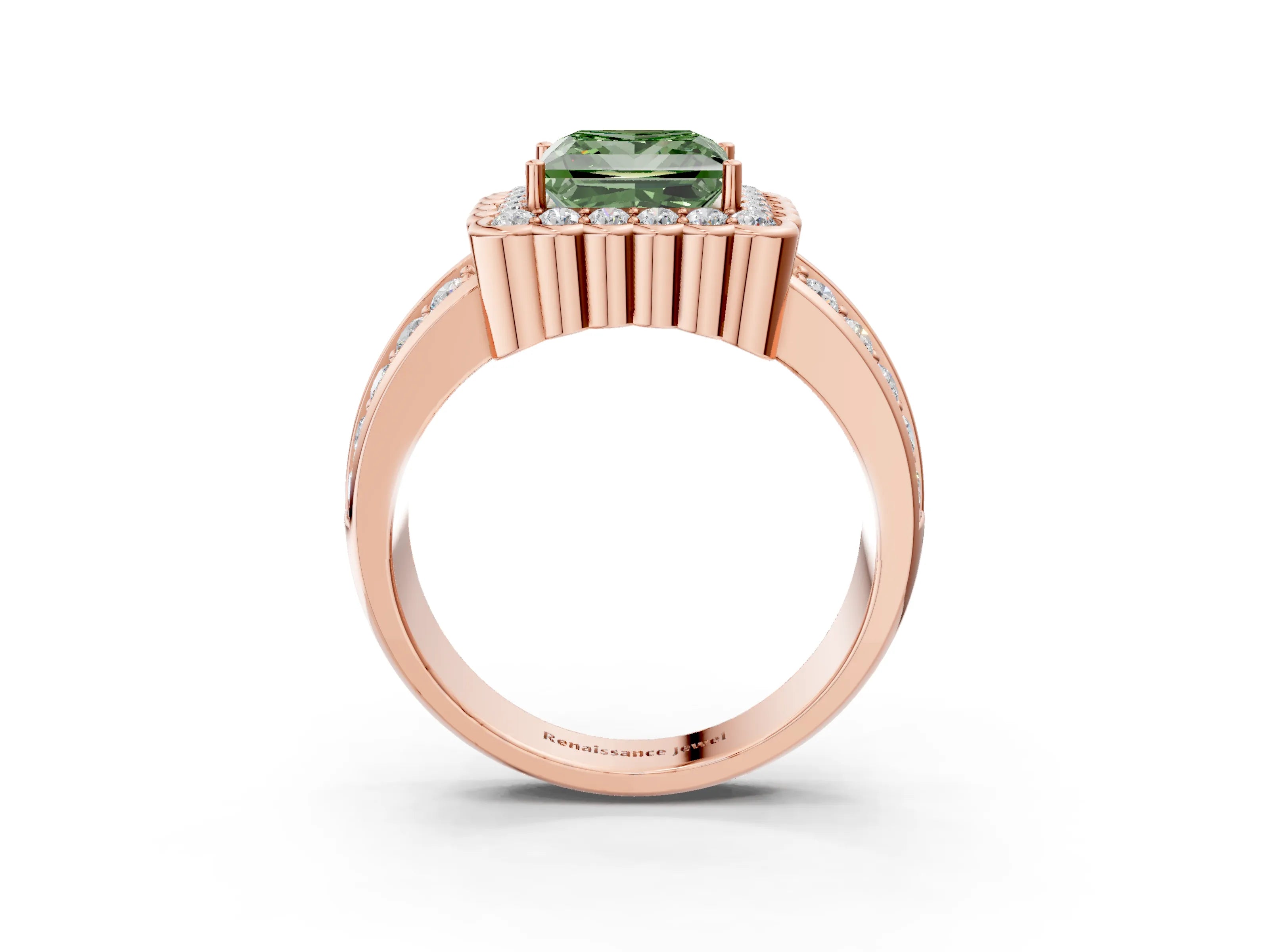 Rose gold Fancy Green Princess Cut Halo Diamond Split Shank Ring with Scalloped Prong Setting_3