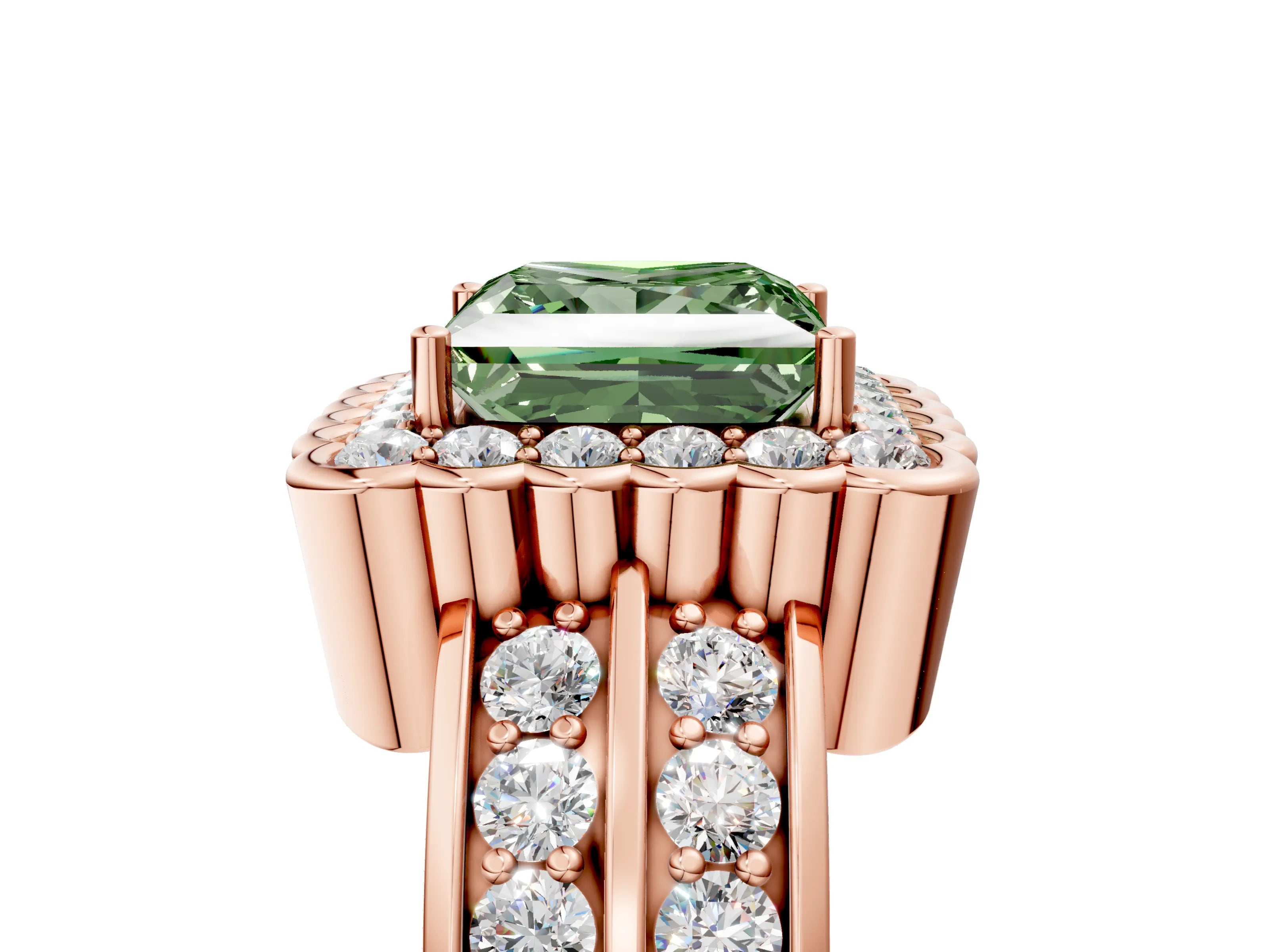 Rose gold Fancy Green Princess Cut Halo Diamond Split Shank Ring with Scalloped Prong Setting_5