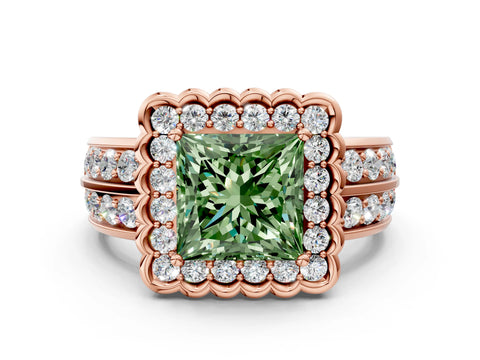 Rose gold Fancy Green Princess Cut Halo Diamond Split Shank Ring with Scalloped Prong Setting