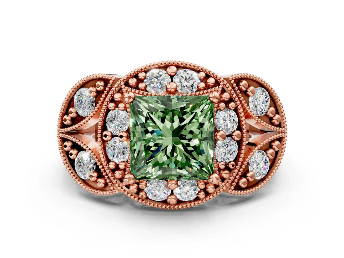 Rose gold Fancy Green Princess Cut Halo Milgrain Diamond Engagement Ring with Leaf Band and Four-Prong Setting