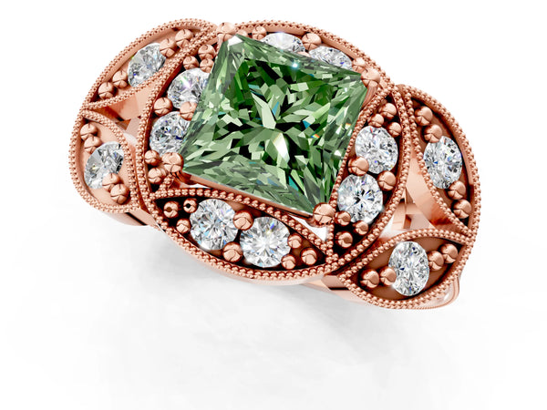 Rose gold Fancy Green Princess Cut Halo Milgrain Diamond Engagement Ring with Leaf Band and Four-Prong Setting