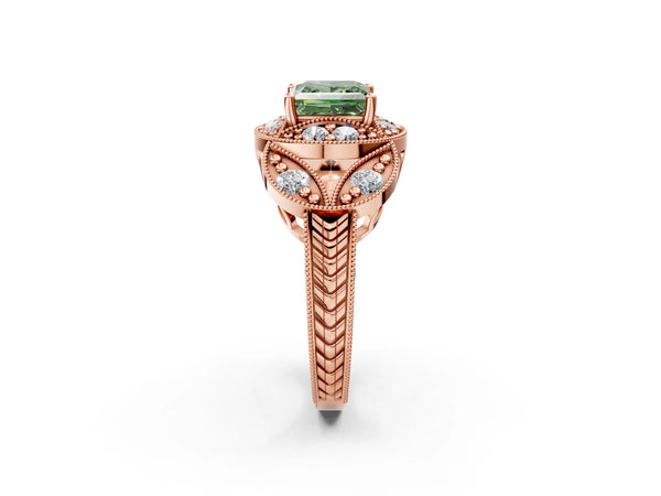 Rose gold Fancy Green Princess Cut Halo Milgrain Diamond Engagement Ring with Leaf Band and Four-Prong Setting