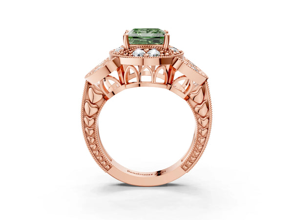 Rose gold Fancy Green Princess Cut Halo Milgrain Diamond Engagement Ring with Leaf Band and Four-Prong Setting
