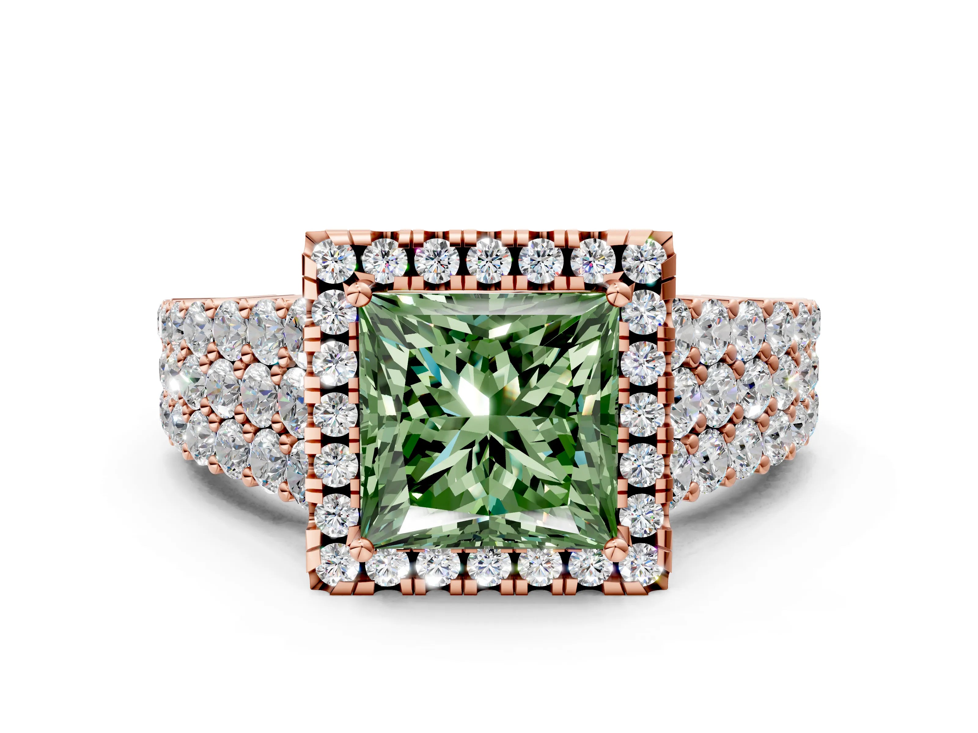 Rose gold Fancy Green Princess Cut Halo Pavé Diamond Engagement Ring with Split Shank and Four-Prong Setting_3