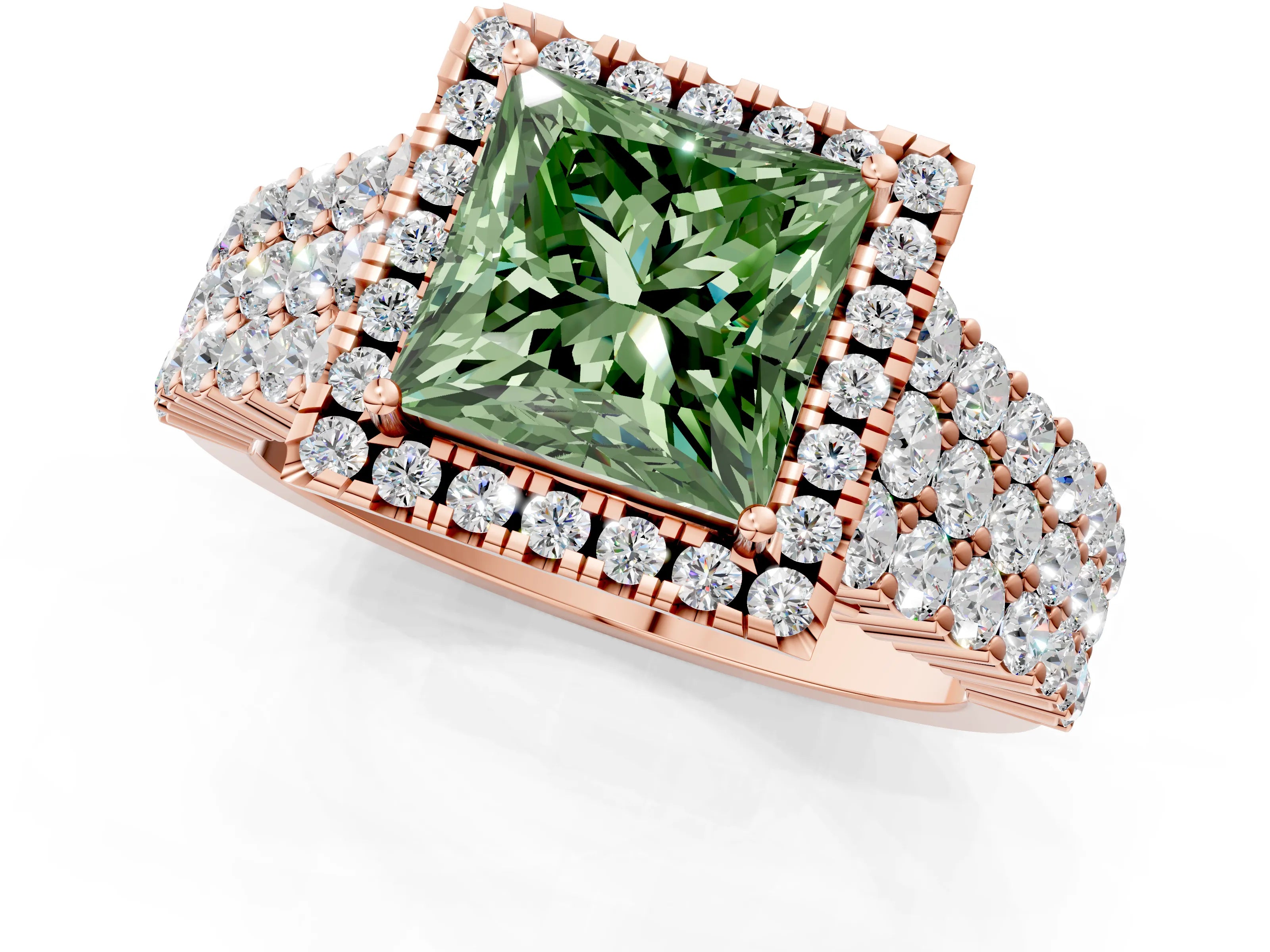 Rose gold Fancy Green Princess Cut Halo Pavé Diamond Engagement Ring with Split Shank and Four-Prong Setting_4