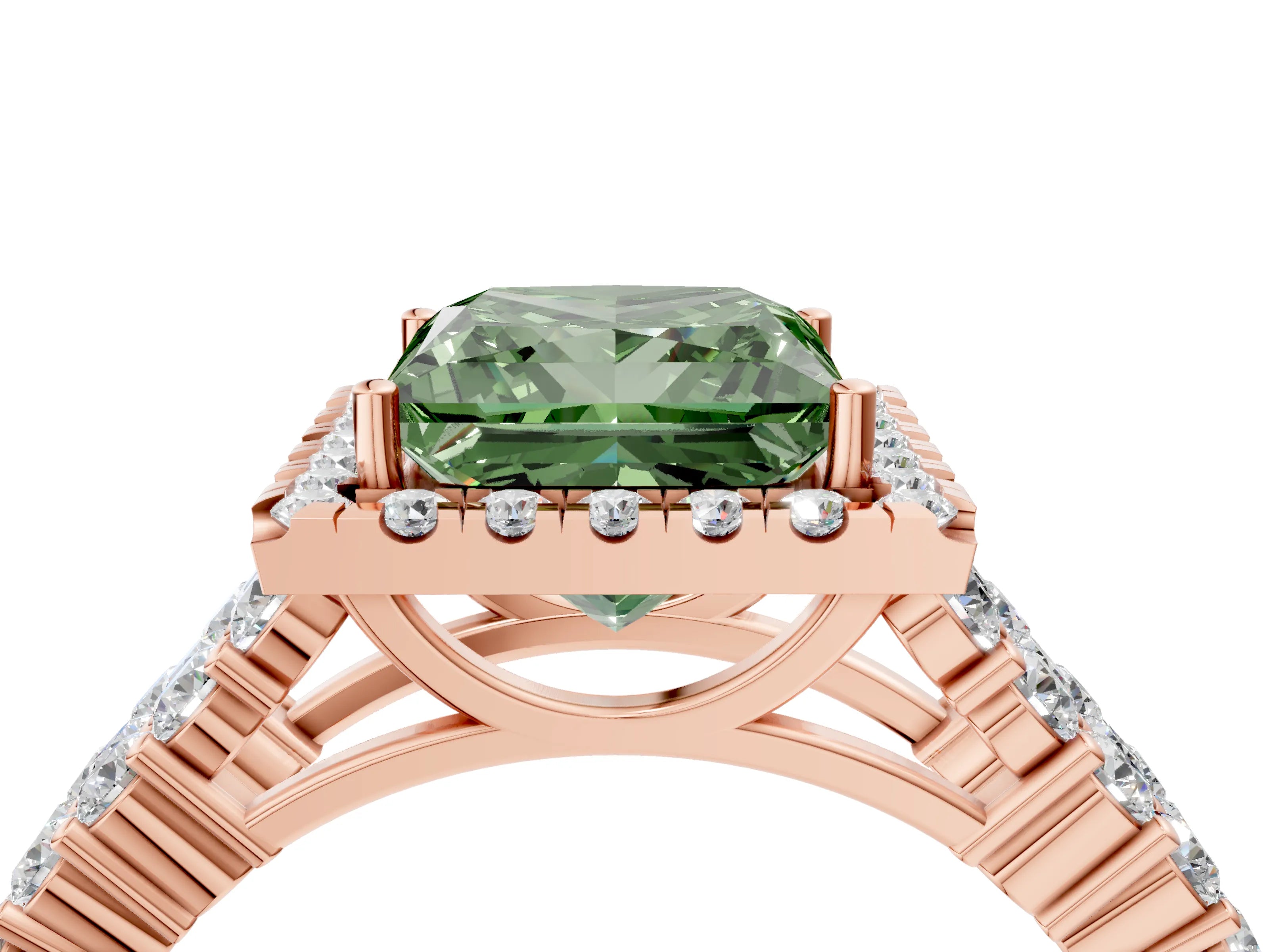 Rose gold Fancy Green Princess Cut Halo Pavé Diamond Engagement Ring with Split Shank and Four-Prong Setting_7