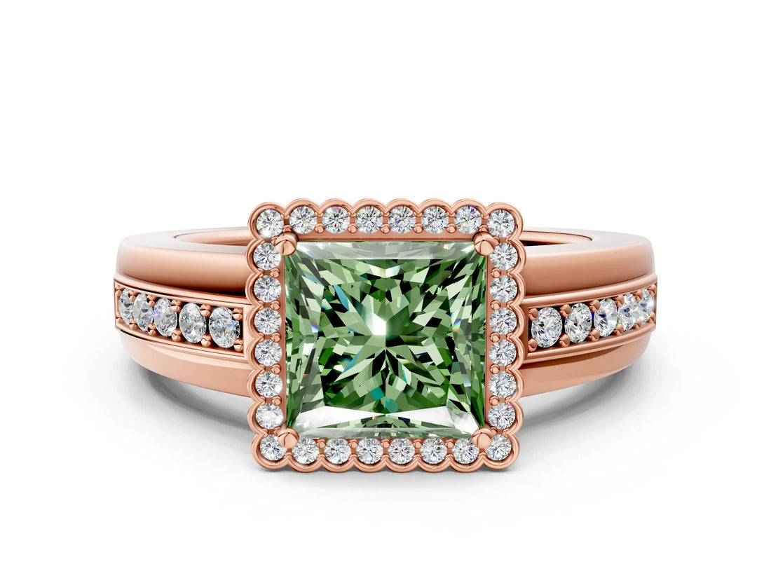 Rose gold Fancy Green Princess  Cut Halo Pave Band Four-Prong Ring_30