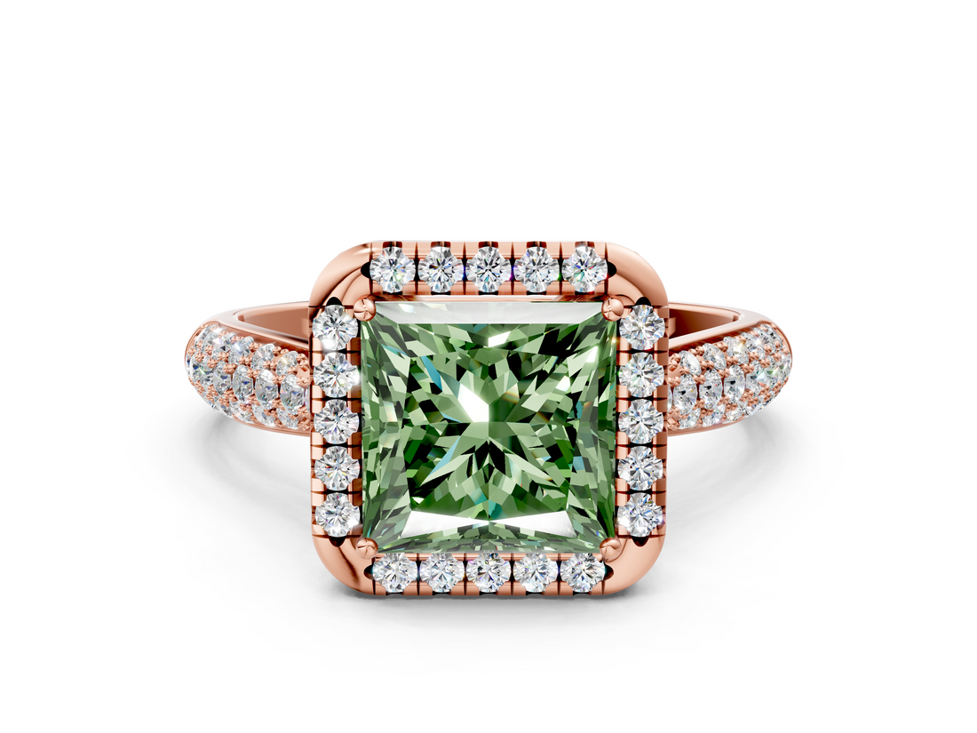 Rose gold Fancy Green Princess  Cut Halo Pave Band Four-Prong Setting Ring