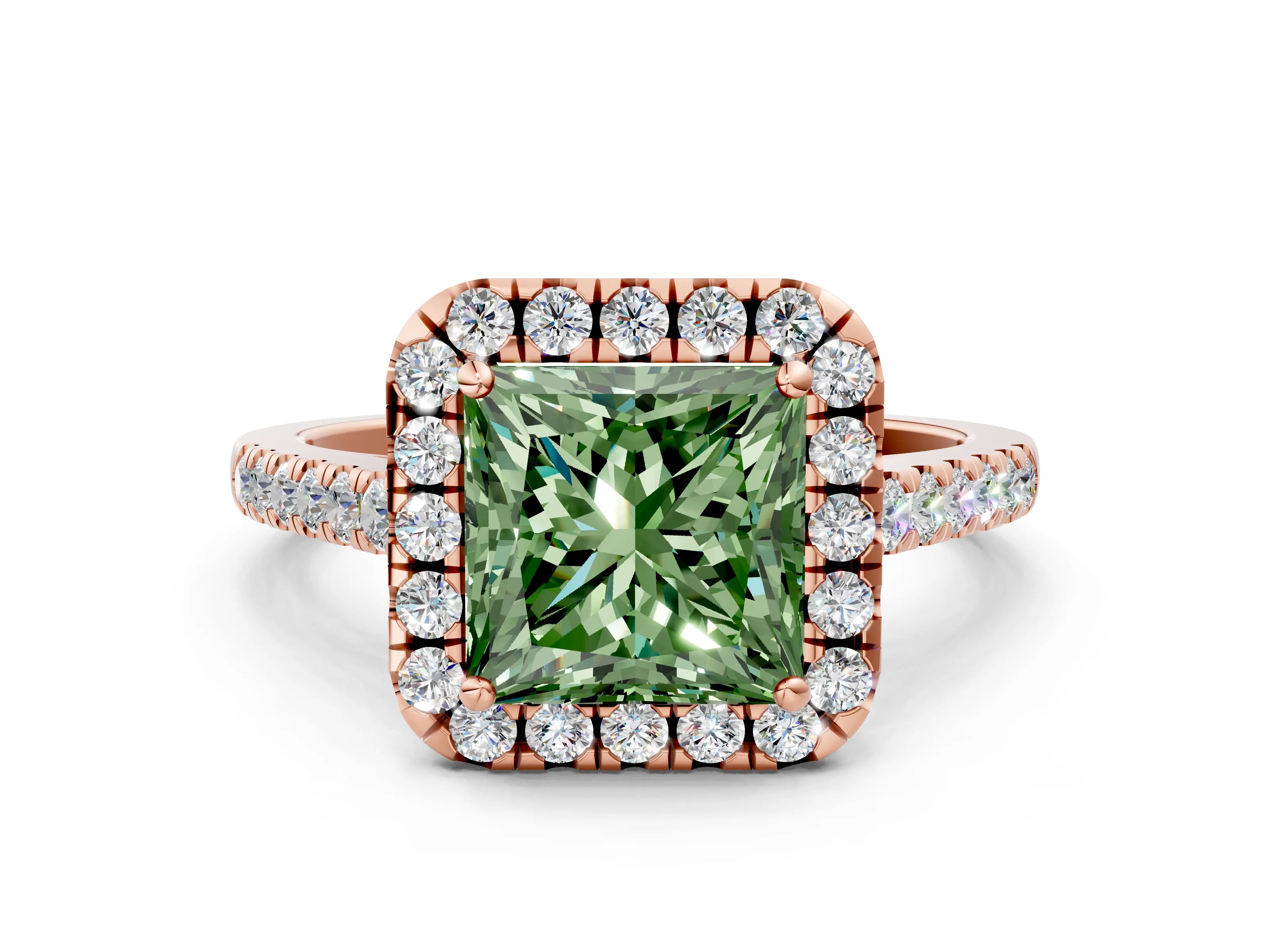 Rose gold Fancy Green Princess Cut Halo Pave Diamond Engagement Ring with Four-Prong Setting