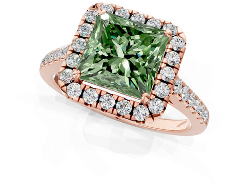 Rose gold Fancy Green Princess Cut Halo Pave Diamond Engagement Ring with Four-Prong Setting_1