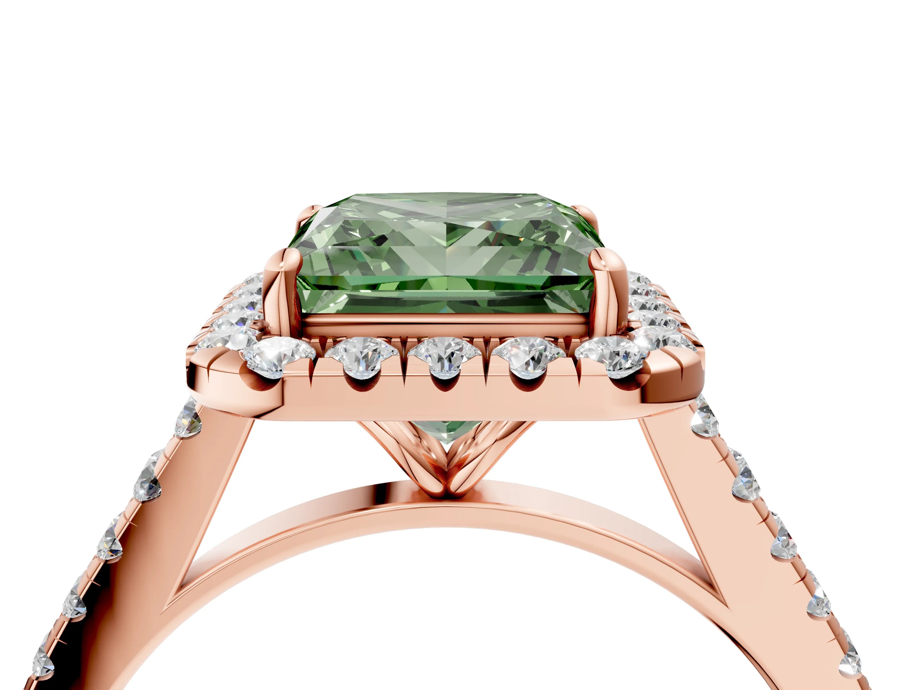Rose gold Fancy Green Princess Cut Halo Pave Diamond Engagement Ring with Four-Prong Setting_4