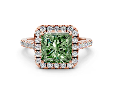 Rose gold Fancy Green Princess Cut Halo Pave Diamond Engagement Ring with Four-Prong Setting