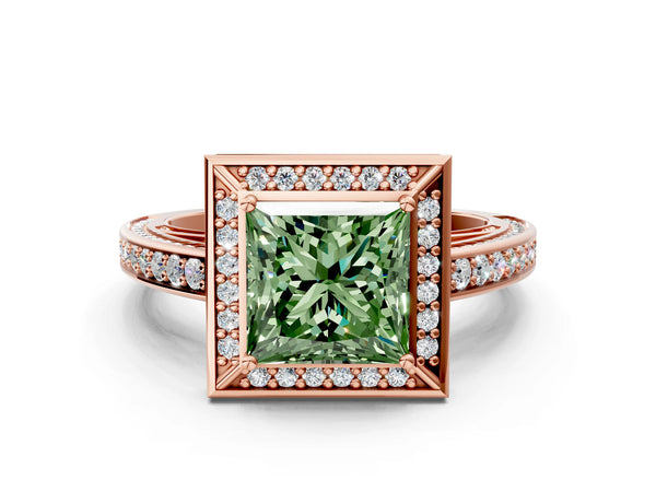 Rose gold Fancy Green Princess  Cut Halo Pave Split Shank Prong Setting Ring