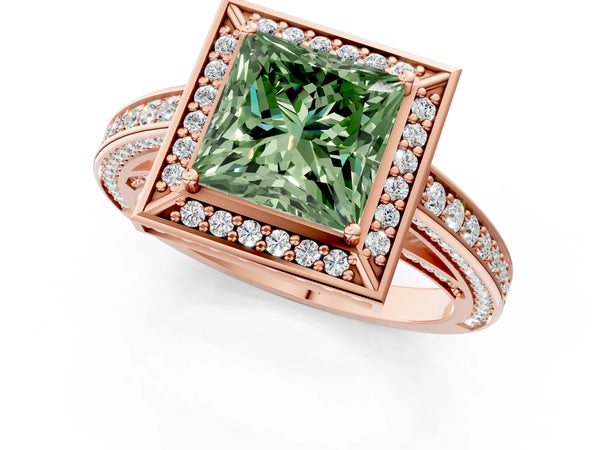 Rose gold Fancy Green Princess  Cut Halo Pave Split Shank Prong Setting Ring