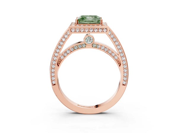 Rose gold Fancy Green Princess  Cut Halo Pave Split Shank Prong Setting Ring