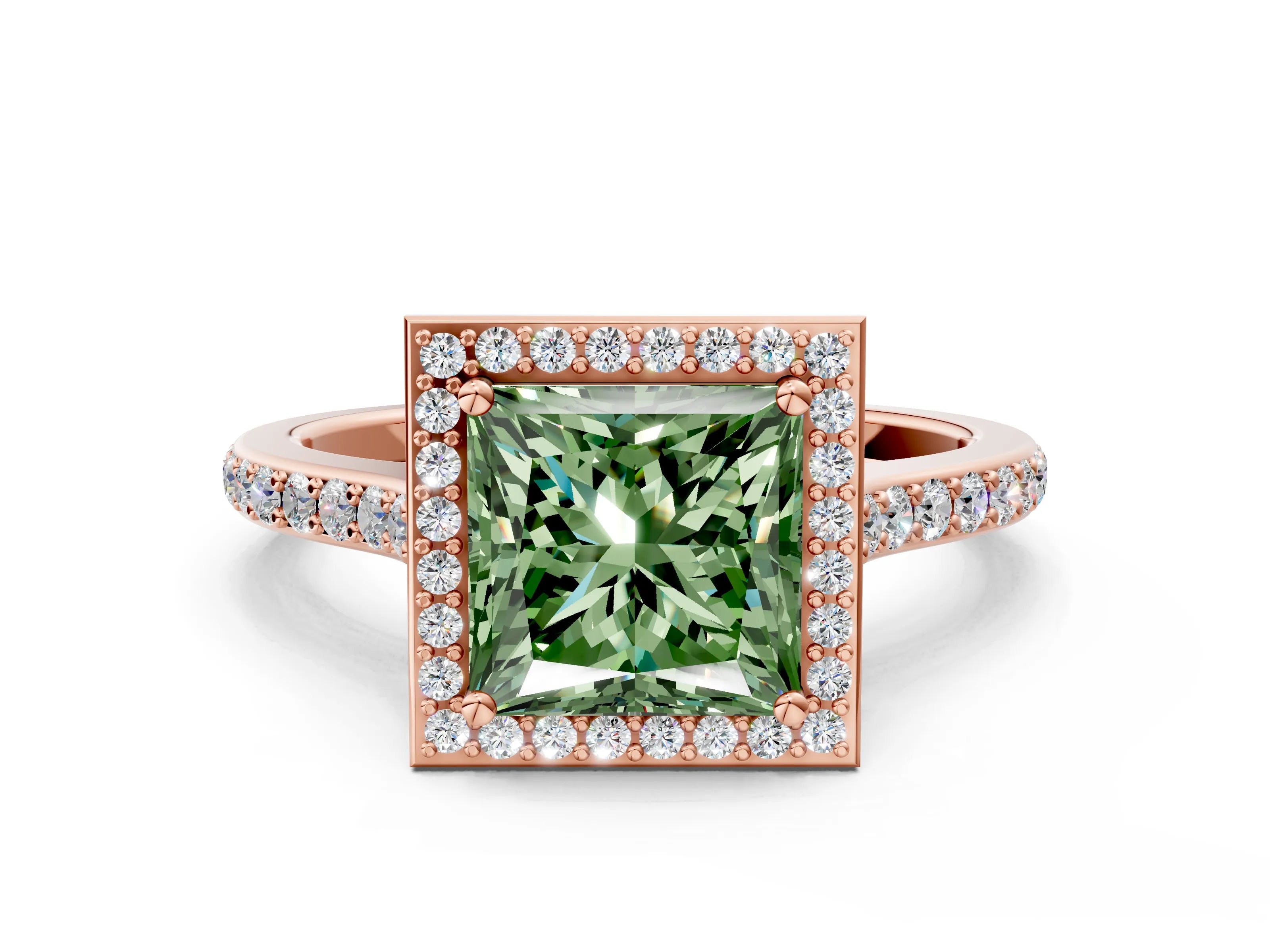 Rose gold Fancy Green Princess Cut Halo Round Diamond Pavé Band with Four-Prong Setting_3