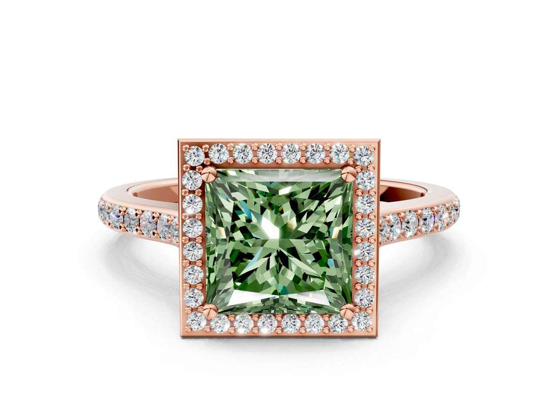 Rose gold Fancy Green Princess Cut Halo Round Diamond Pavé Band with Four-Prong Setting_3