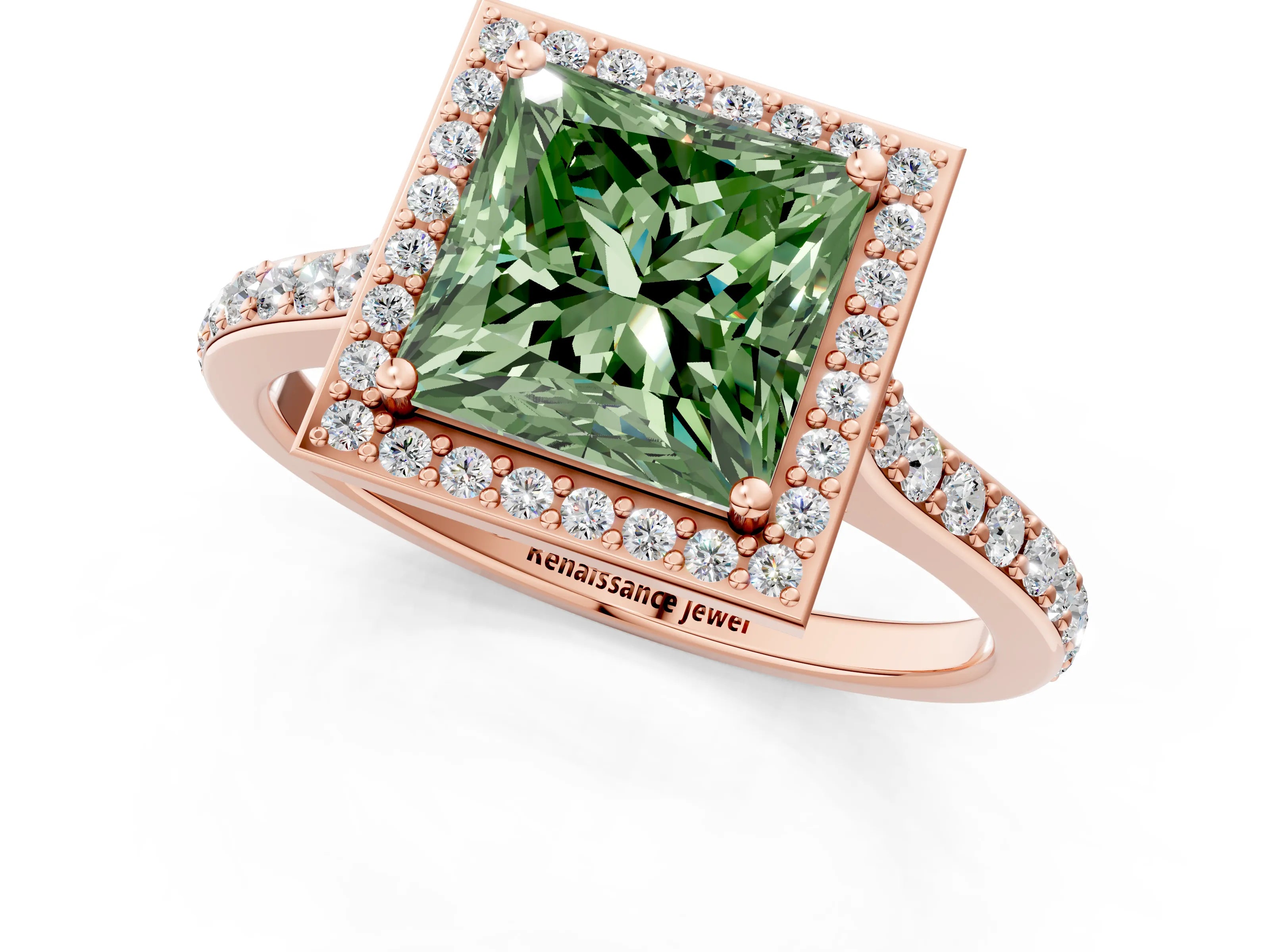 Rose gold Fancy Green Princess Cut Halo Round Diamond Pavé Band with Four-Prong Setting_4