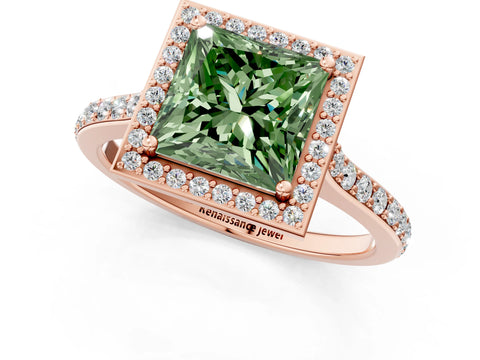 Rose gold Fancy Green Princess Cut Halo Round Diamond Pavé Band with Four-Prong Setting_4