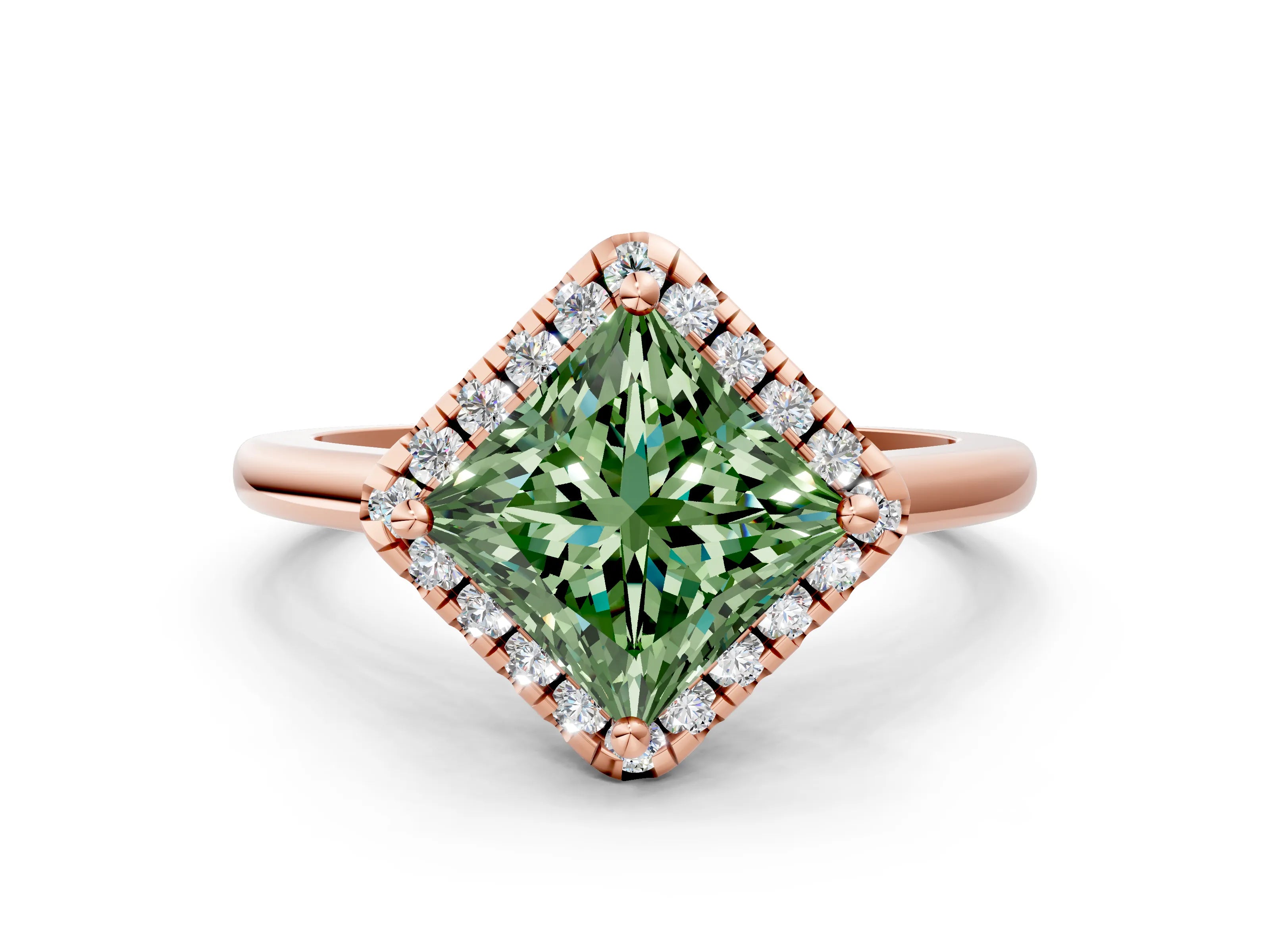 Rose gold Fancy Green Princess Cut Halo Round Diamond Solitaire Engagement Ring with Pave Band and Four-Prong Setting_12
