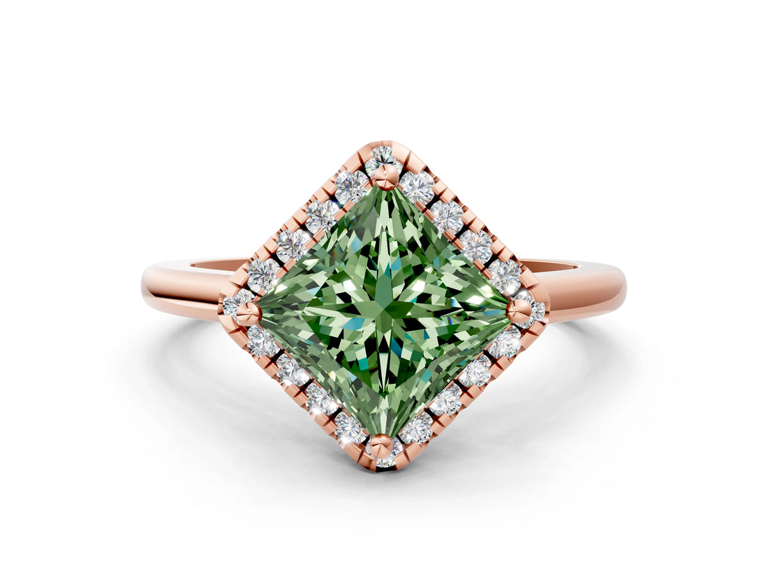 Rose gold Fancy Green Princess Cut Halo Round Diamond Solitaire Engagement Ring with Pave Band and Four-Prong Setting_12