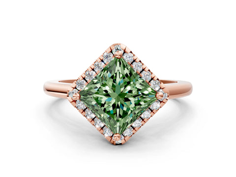 Rose gold Fancy Green Princess Cut Halo Round Diamond Solitaire Engagement Ring with Pave Band and Four-Prong Setting_12