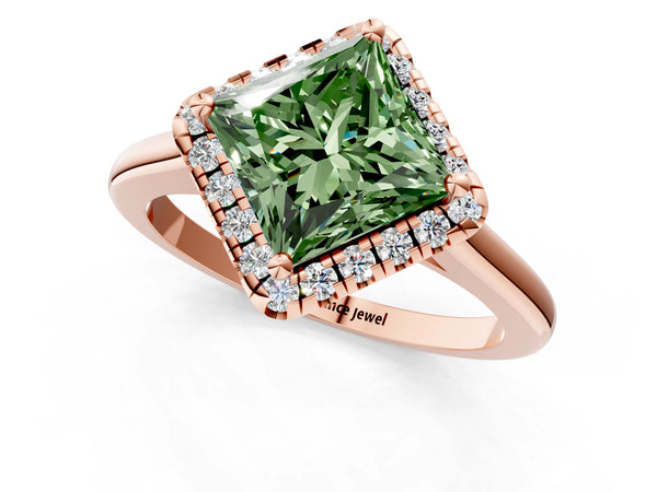 Rose gold Fancy Green Princess Cut Halo Round Diamond Solitaire Engagement Ring with Pave Band and Four-Prong Setting