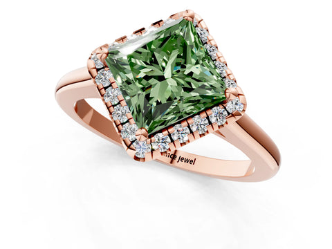 Rose gold Fancy Green Princess Cut Halo Round Diamond Solitaire Engagement Ring with Pave Band and Four-Prong Setting_13