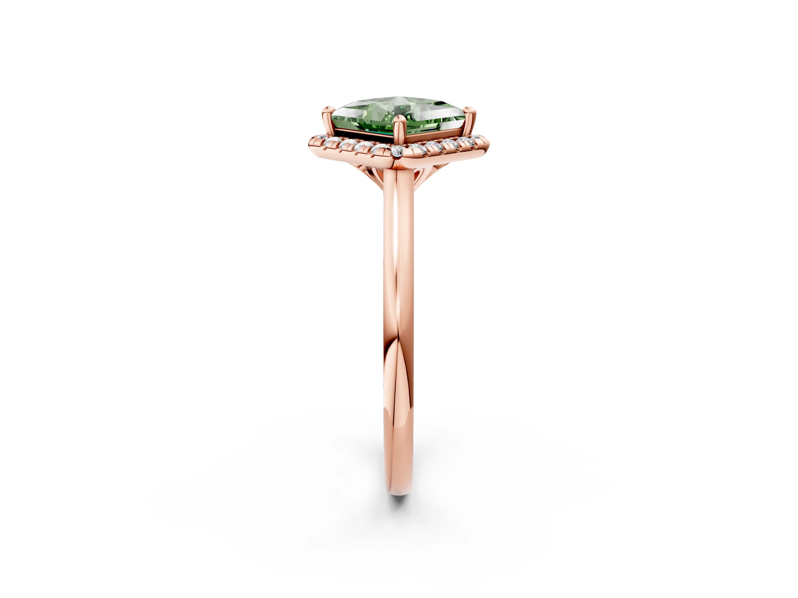 Rose gold Fancy Green Princess Cut Halo Round Diamond Solitaire Engagement Ring with Pave Band and Four-Prong Setting_14