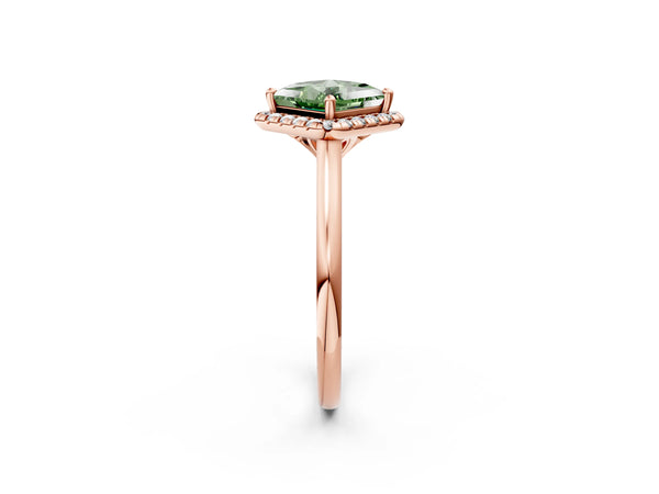 Rose gold Fancy Green Princess Cut Halo Round Diamond Solitaire Engagement Ring with Pave Band and Four-Prong Setting