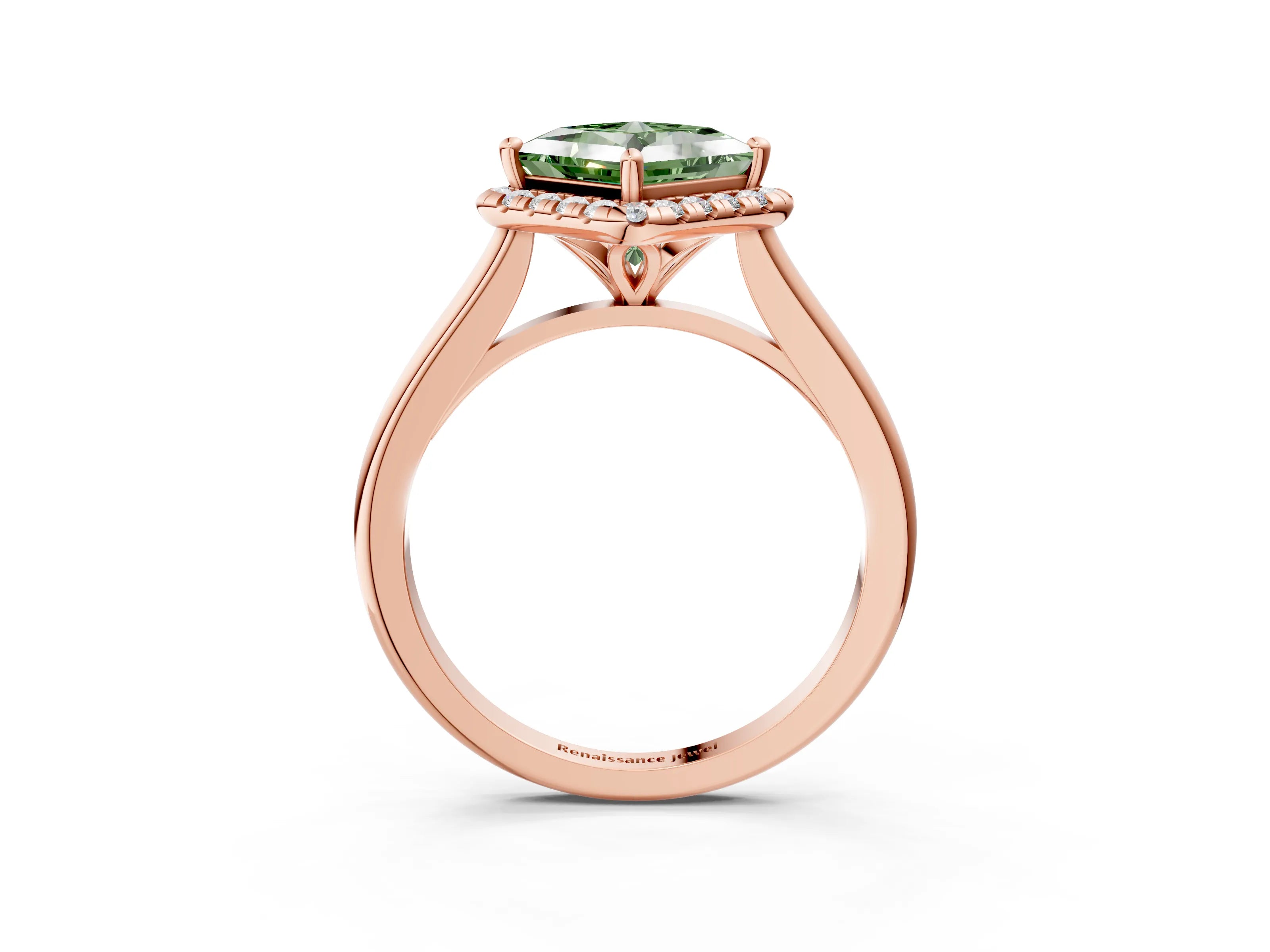 Rose gold Fancy Green Princess Cut Halo Round Diamond Solitaire Engagement Ring with Pave Band and Four-Prong Setting_15