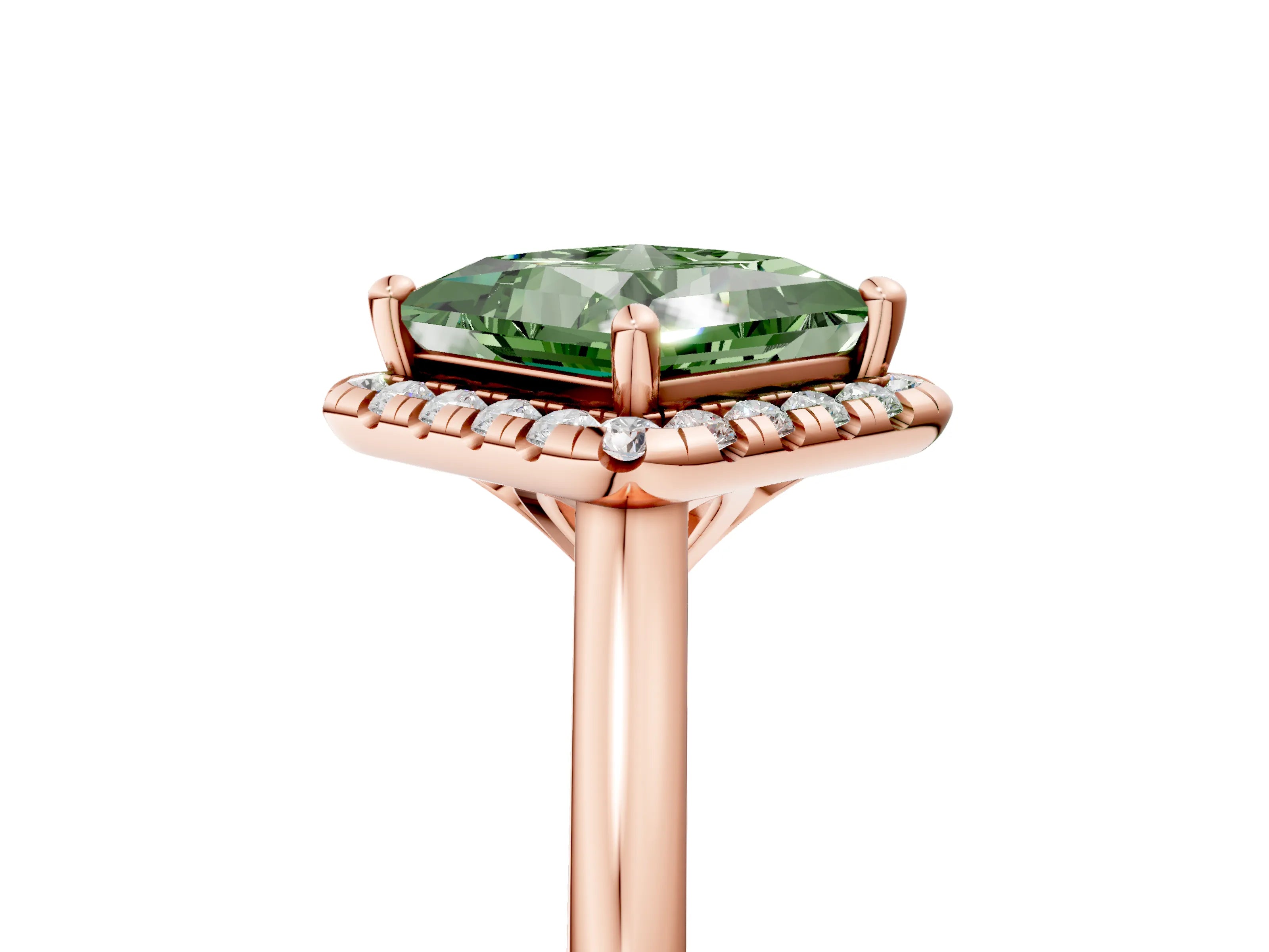 Rose gold Fancy Green Princess Cut Halo Round Diamond Solitaire Engagement Ring with Pave Band and Four-Prong Setting_17