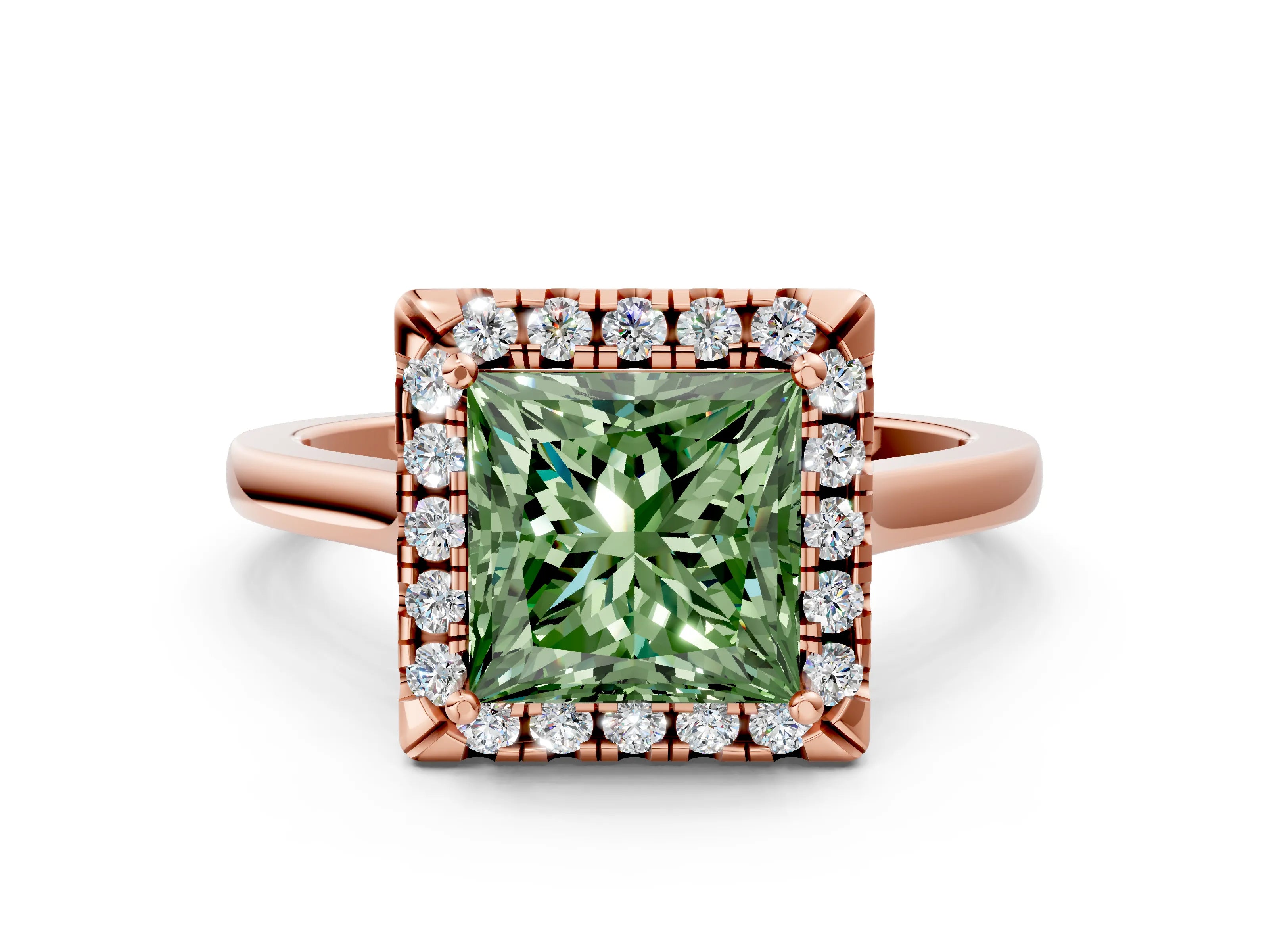 Rose gold Fancy Green Princess Cut Halo Round Diamond Solitaire Ring with Pavé Band and Four-Prong Setting_12