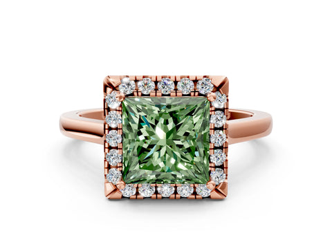 Rose gold Fancy Green Princess Cut Halo Round Diamond Solitaire Ring with Pavé Band and Four-Prong Setting_12